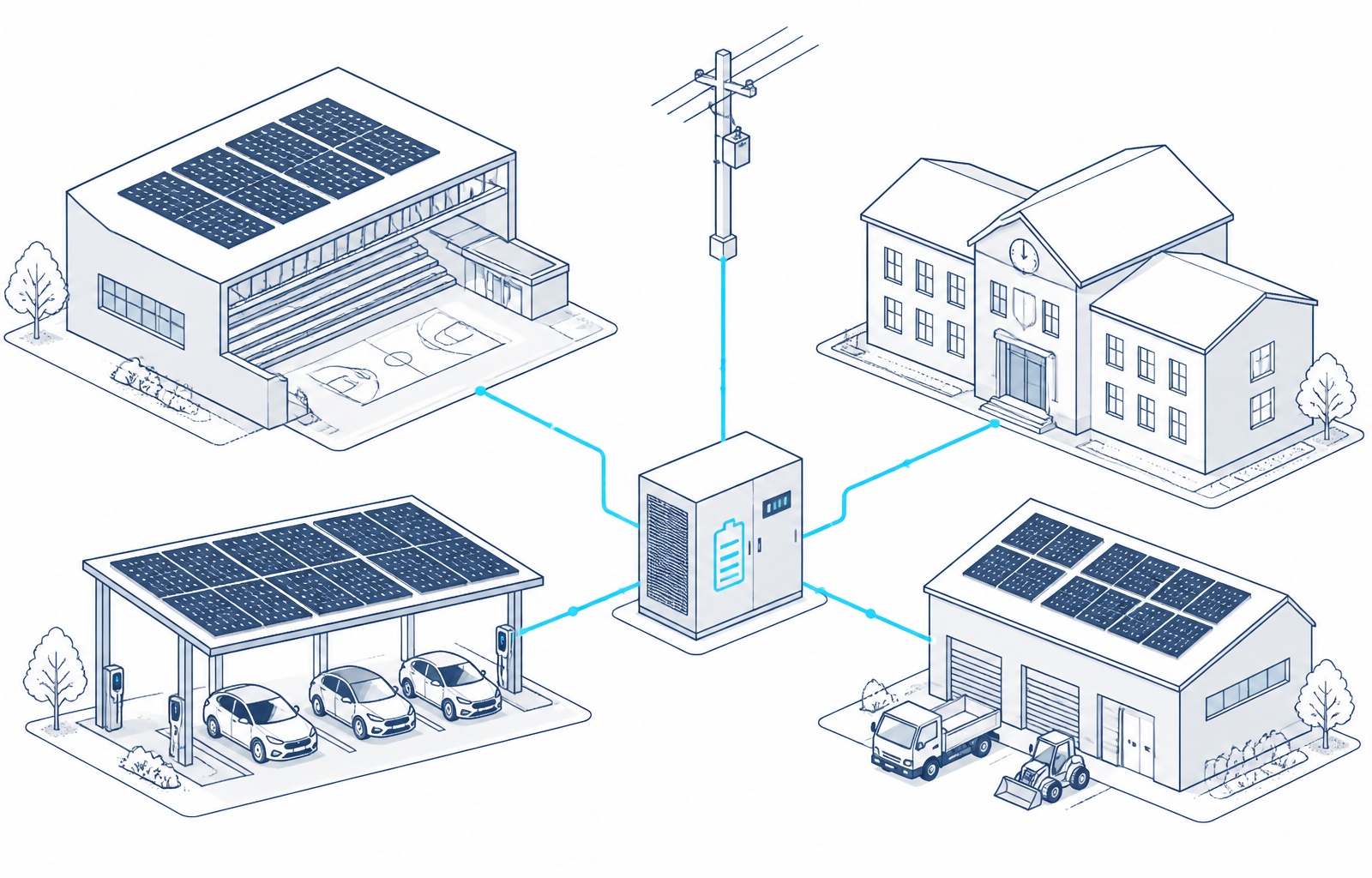 Schematische isometrische Darstellung eines dezentralen Energiesystems einer Gemeinde: Gemeindeamt, Tribüne/Vereinslokal und Bauhof mit PV-Anlagen, PV-Carport mit E-Ladepunkten, zentraler Batteriespeicher und Netzanschluss.