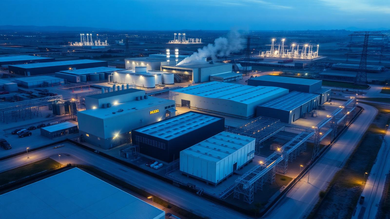 Industriegelände mit Batteriespeichern, Umspannwerk und Übertragungsleitungen zur blauen Stunde